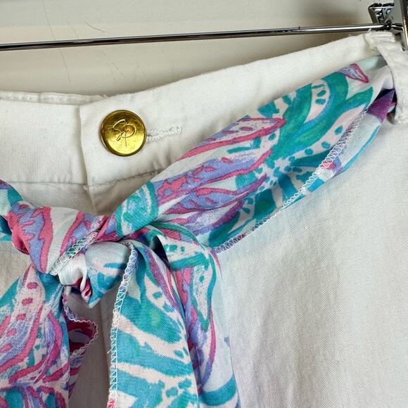 Stella Parker White Shorts Pink Blue Scarf Tie Belted Waist 14 Golf Tennis - Picture 6 of 10